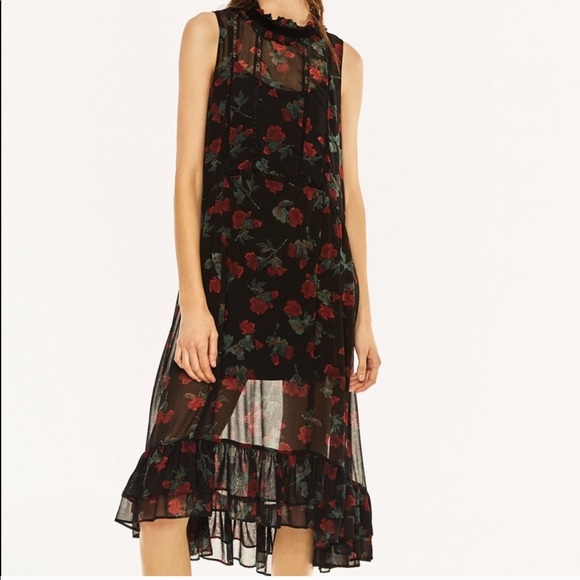 Zara Dresses & Skirts - Zara rose print sheer ruffle hem dress. Size M